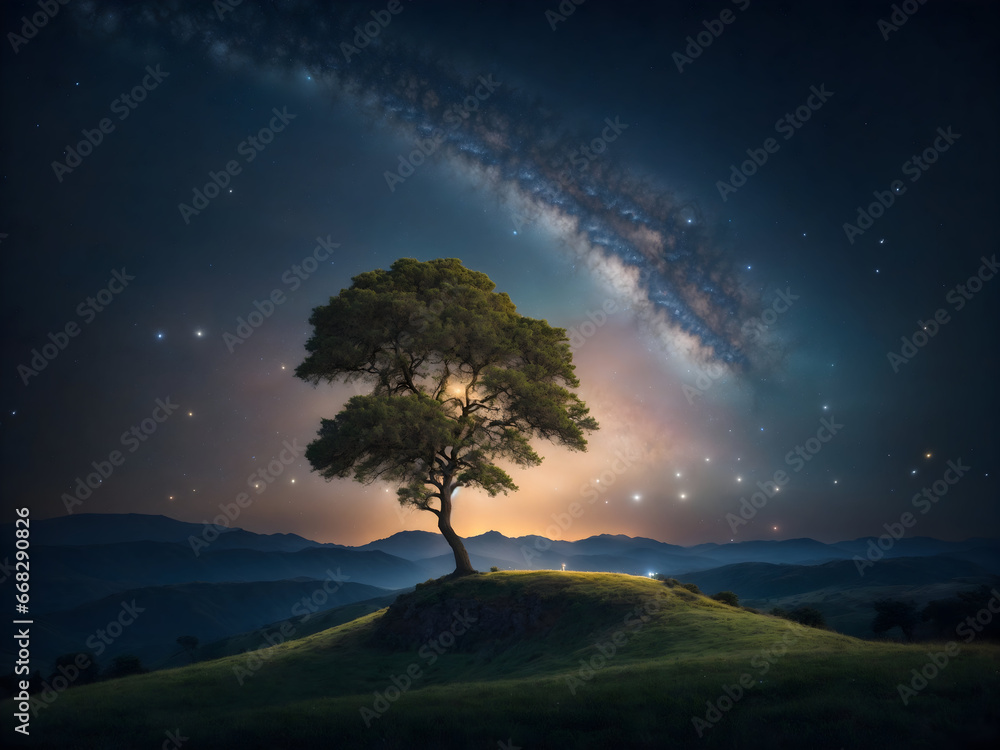 Enchanted Night: Lone Tree, Shimmering Stars, and Glowing Fireflies