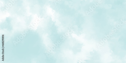 Panorama of blue sky with white clouds. White cumulus clouds formation in blue sky. Abstract background with blue sky with clouds Retro Washed Out Effect. Ethnic Tie Dye Blue Watercolor background.