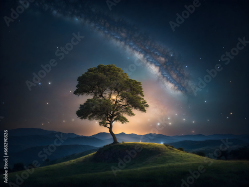 Enchanted Night: Lone Tree, Shimmering Stars, and Glowing Fireflies