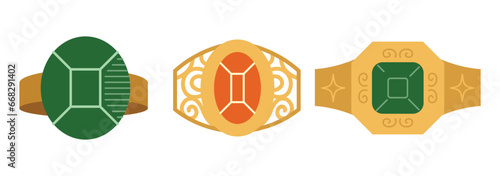 Golden jewelry set. Cartoon gold ring with precious stones flat elegant expensive accessories in modern style. Vector illustration isolated on white background