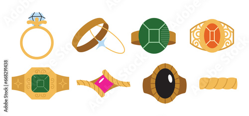 Golden jewelry set. Cartoon gold ring with precious stones flat elegant expensive accessories in modern style. Vector illustration isolated on white background