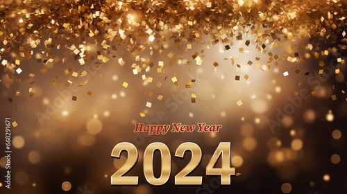 Happy new year 2024 celebration banner. Falling golden particles with bokeh background. 
