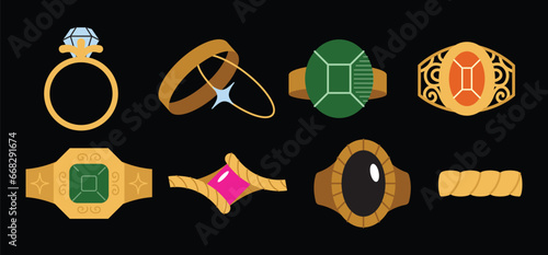 Golden jewelry set. Cartoon gold ring with precious stones flat elegant expensive accessories in modern style. Vector illustration isolated on black background