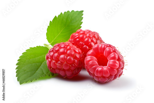 Fresh raspberry with green leaves isolated on white background, healthy food concept