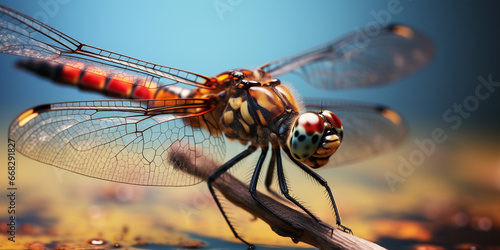 A yellow dragonfly perched on the grass isolated. gust of wind Heads and tails swaying in the wind on a hot, sunny day in a canal. Giant Red Dragonfly. AI Generative © kalsoom