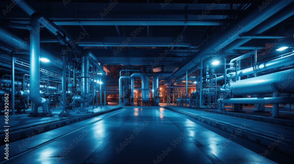 Industrial zone, Steel pipelines and cables in blue tones Industrial zone, Steel pipelines and cables in blue tones