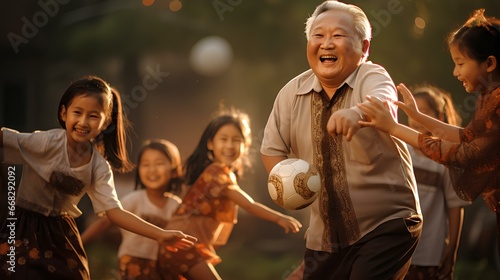an older man playing soccer with children in the field
