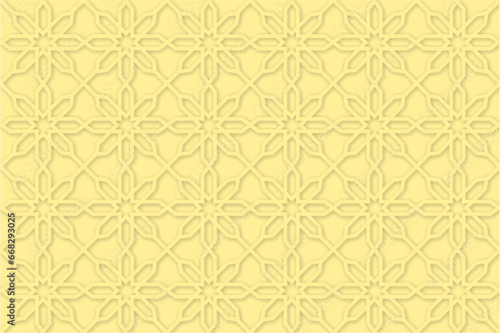 Seamless geometric embossed pattern on light yellow background. Beautiful Islamic background for banner, backdrop, leaflet, flyer, card, wallpaper, and more.