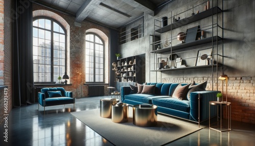 An industrial-themed space showcasing exposed brick walls  a polished concrete floor  and a luxurious blue velvet sofa.