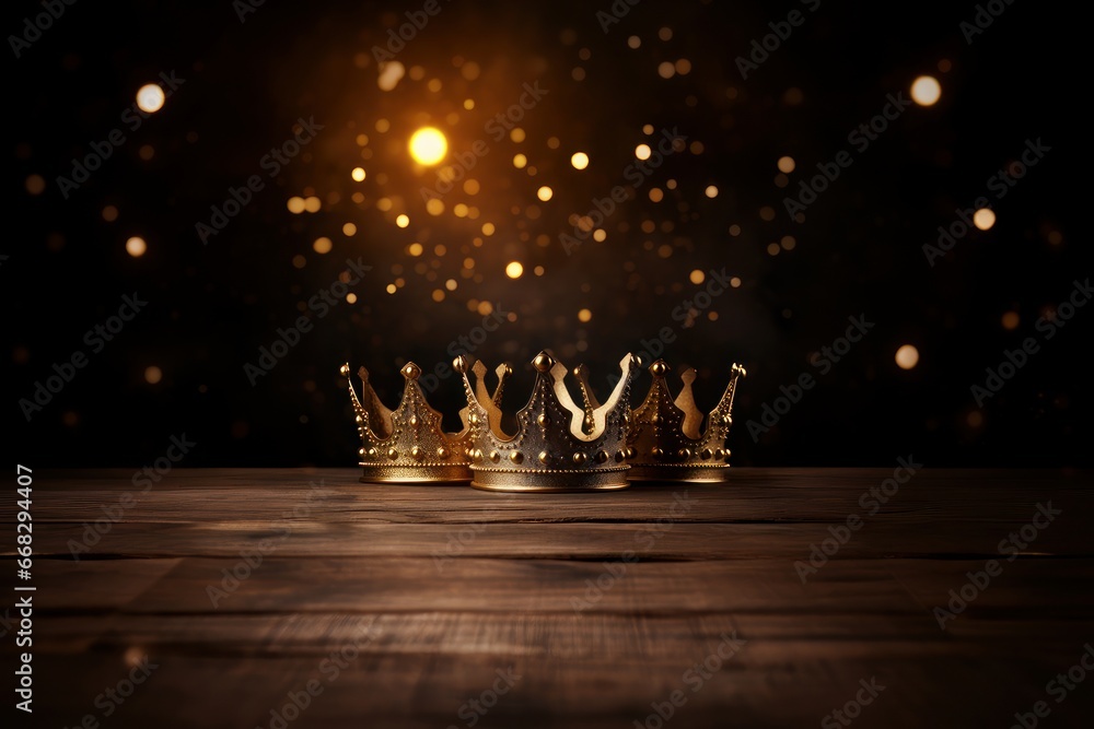Three golden crowns and lights on wood and brown background, symbol of the Three Wise Men. Copy space. - obrazy, fototapety, plakaty 