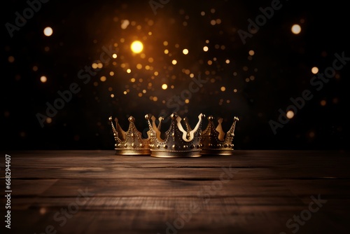 Three golden crowns and lights on wood and brown background, symbol of the Three Wise Men. Copy space.