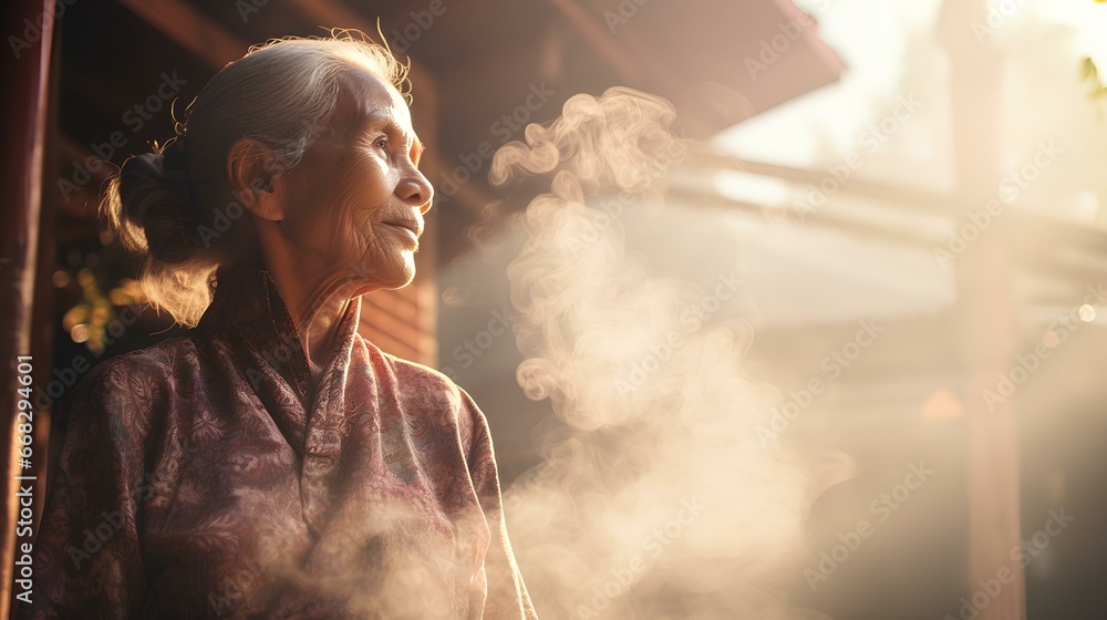 portrait of a grandmother wearing a kebaya with a smoke effect in the morning
