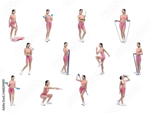 Collection of body workout training with exercise posture for athletic woman in different various exercising pose sequence in full body studio shot on isolated background. Vigorous