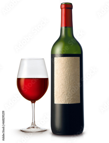 taça de cristal com vinho tinto acompanhado de garrafa de vinho em fundo branco  photo