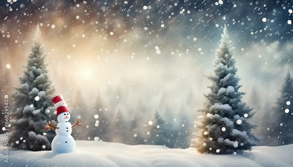 winter christmas background background. Xmas tree with snowman decorated with garland lights, holiday festive background. Widescreen backdrop. New year Winter art design, wide screen snow