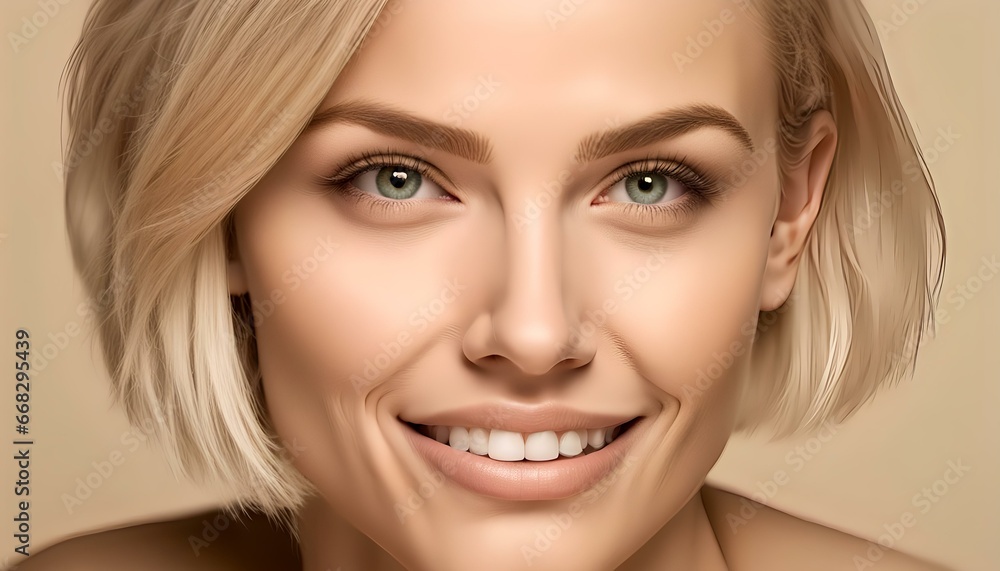 Fototapeta premium Close-up smiling Caucasian 20s woman green eyes smile broadly with white teeth looking at camera happy girl wearing glasses and hat posing on street in city millennial female lady with natural makeup