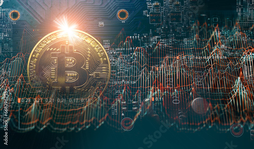 Criptomonedas y tecnología.
Moneda de oro de Bitcoin en fondo futurista y abstracto de los gráficos de la acción. Concepto de finanzas e inversión. photo