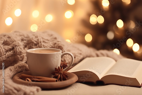 cozy winter scene with a book, a mug and a woolen blanket in front of a bokeh background with space for text, winter background