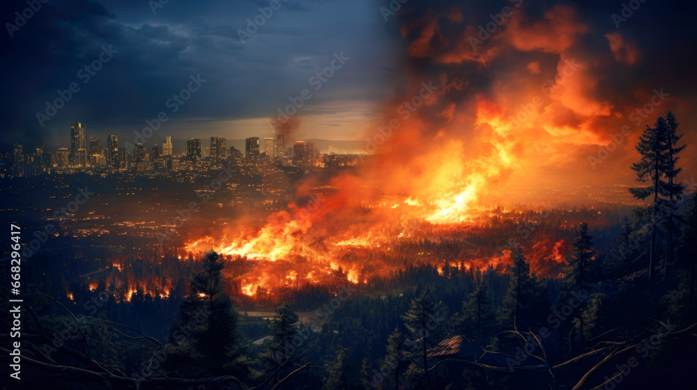 The forest, located near a city, is being destroyed by a natural disaster in the form of a fire