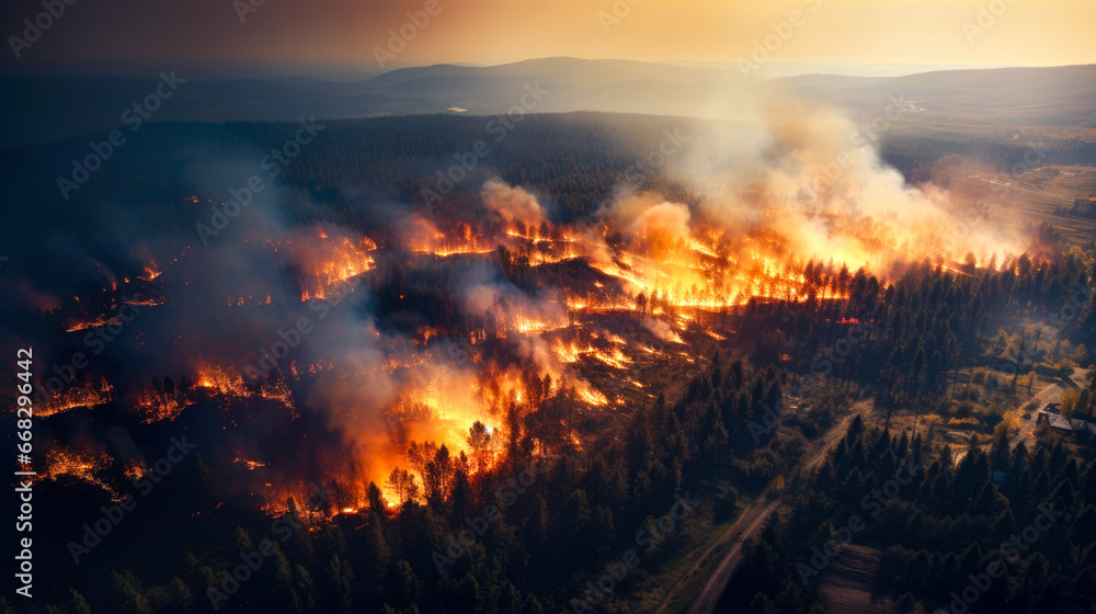 A forest fire near a city has resulted in a natural disaster that is devastating the woodland