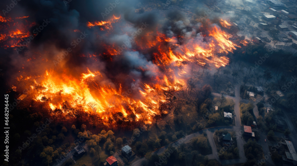 A natural disaster, specifically a forest fire near a city, is causing the destruction of the forest A natural disaster, specifically a forest fire near a city, is causing the destruction of the forest