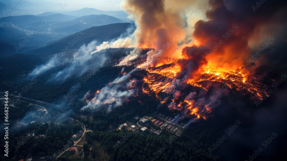 The forest, located near a city, is being destroyed by a natural disaster in the form of a fire