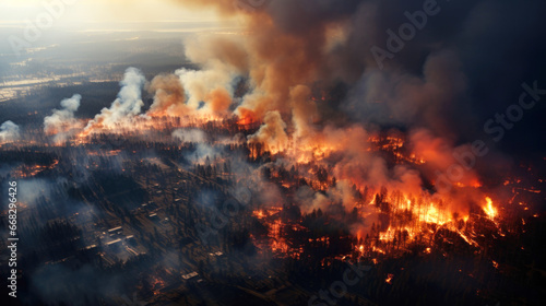 A natural disaster  specifically a forest fire near a city  is causing the destruction of the forest