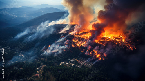 The forest  located near a city  is being destroyed by a natural disaster in the form of a fire