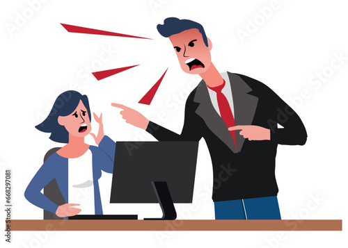 Angry boss in suit shouting at the female employee. Furious executive in anger