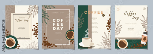 Set of sketch banners with coffee beans and leaves on colorful background for poster, menu, cafe or another template design. Coffee Day. vector illustration.