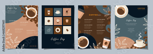 Set of sketch banners with coffee beans and leaves on colorful background for poster, menu, cafe or another template design. Coffee Day. vector illustration.