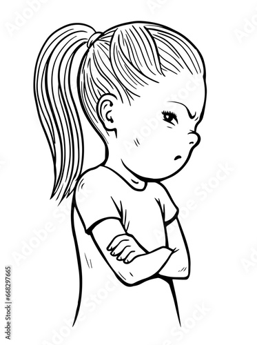 Offended little girl. Stubborn pose. Dissatisfied child. conflict and communication difficulties. Cartoon vector illustration black and white. Hand drawn sketch line