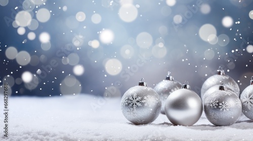 Festive Winter Dreams  enchanting visuals featuring silver Christmas ornaments amid a scenic snowy landscape