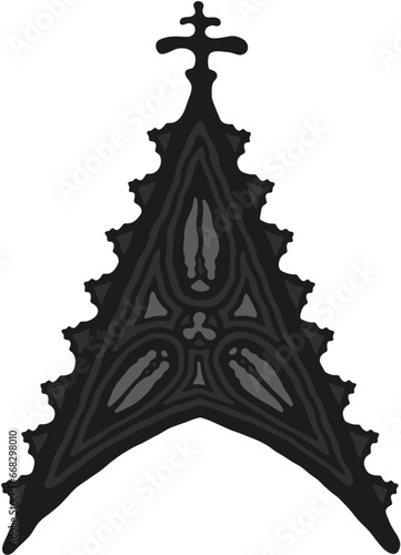Gothic wimperg/gable/niche stylized drawing. Architectural stone frame; european medieval cathedral/church tracery/engraving illustration, vector