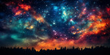 A starry night sky with a colorful star above the clouds. starry night sky with a blue nebula and stars Starry Night, Cosmic Beauty, and Milky Way Magic. AI Generative