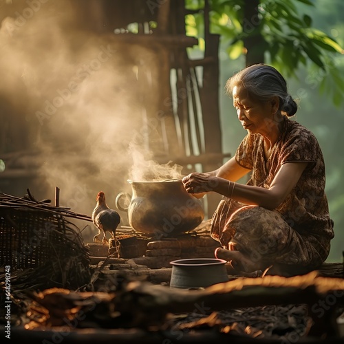 a grandmother wearing kebaya who is cooking using firewood outdoors 