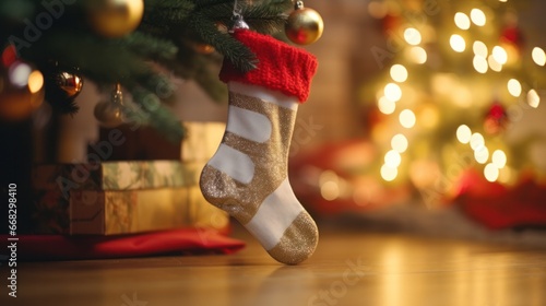 Cozy Holiday Vibes:  Christmas Sock on Rustic Wood