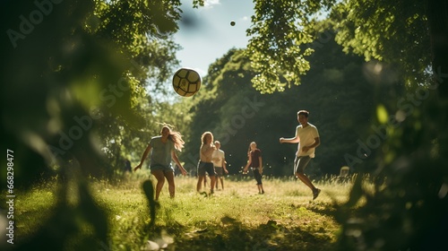 a group of adults playing ball under the lush trees in a rural setting  photo