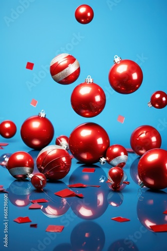 Broken and Whole Red Christmas Balls on Vibrant Blue Background for Decorations and Toys
