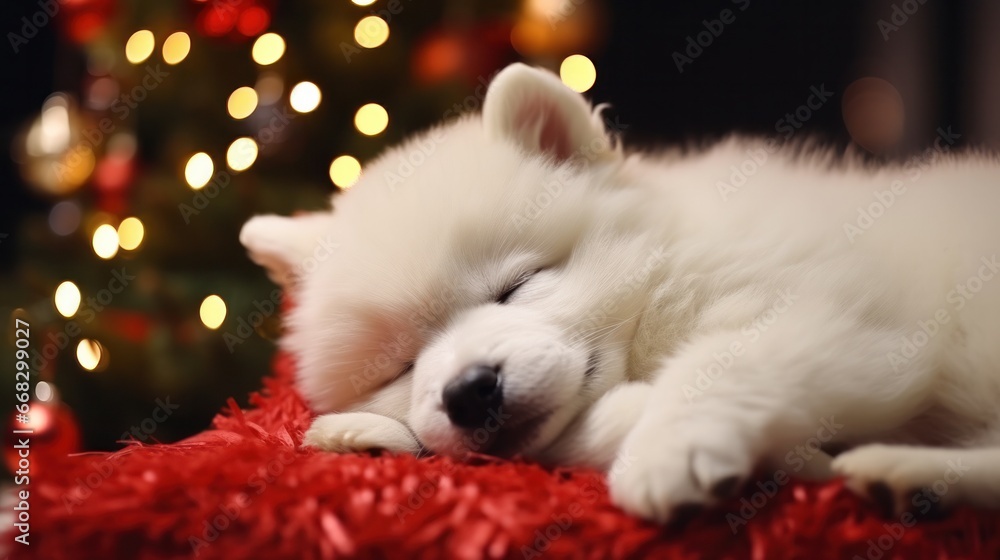Cozy Christmas Nap: Adorable Samoyed Puppy Resting in Santa Hat under Glowing Christmas Tree