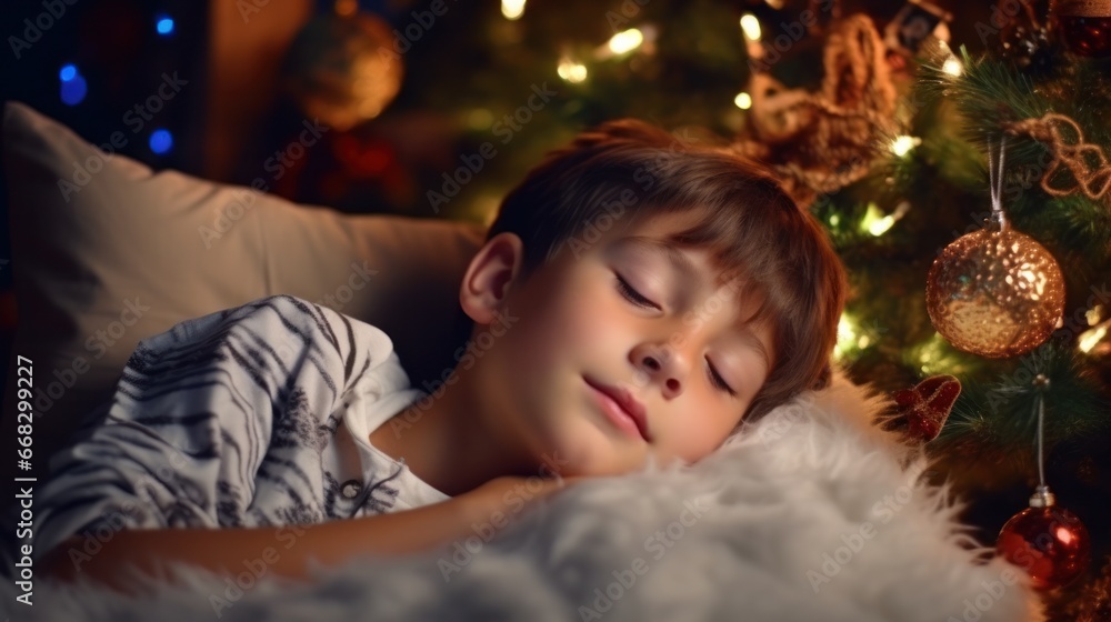 Cozy Holiday Dreams: Child Soundly Sleeping Beneath Christmas Tree Decoration Cozy Holiday Dreams: Child Soundly Sleeping Beneath Christmas Tree Decoration