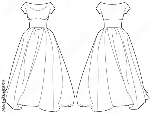 Women A line bridal dress design flat sketch fashion illustration with front and back view, Short sleeve Round neck bridal dress flat sketch cad drawing template. Flared pleated skirt wedding dress