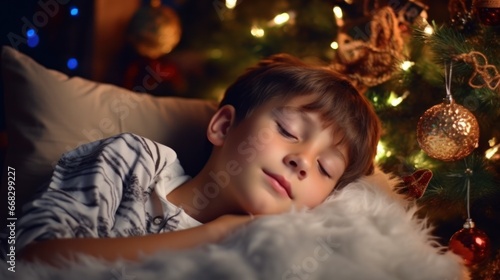 Cozy Holiday Dreams  Child Soundly Sleeping Beneath  Christmas Tree Decoration