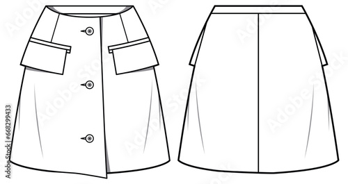 Women's Flap pocket button front mini Skirt flat sketch fashion illustration drawing with front and back view