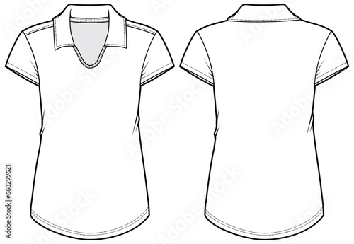 Women's polo collar T Shirt flat sketch fashion illustration drawing template mock up with front and back view