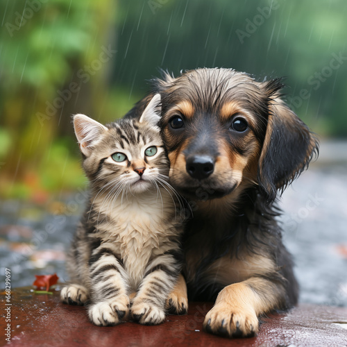 Puppy with a kitten under rain