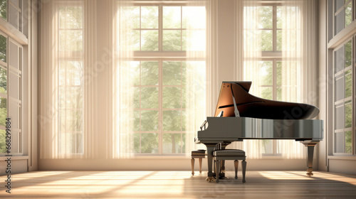 Living room with grand piano and large window with bright daylight coming entering room.