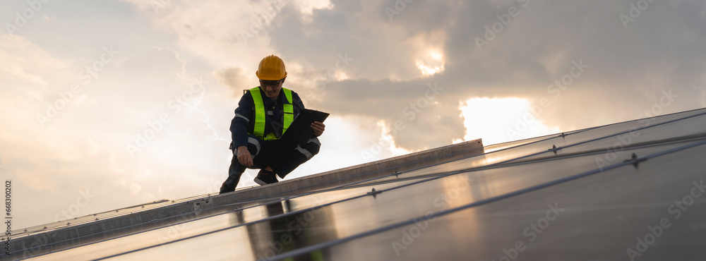 Techniques checking solar cell on the roof for maintenance. Service engineer worker install solar panel. Clean energy concept.. - obrazy, fototapety, plakaty 