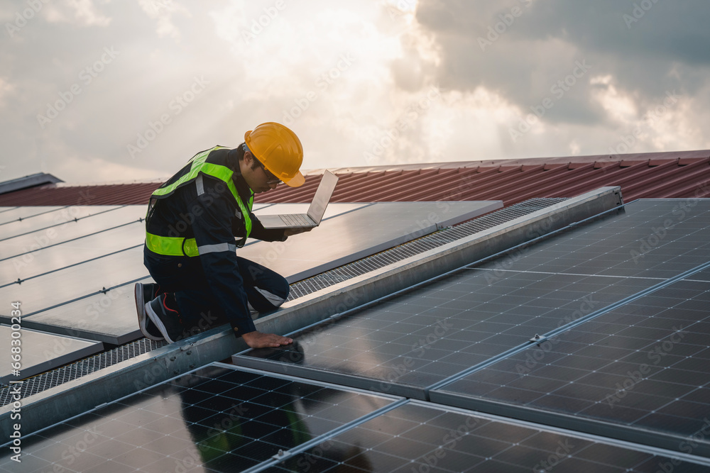 custom made wallpaper toronto digitalTechniques checking solar cell on the roof for maintenance. Service engineer worker install solar panel. Clean energy concept..