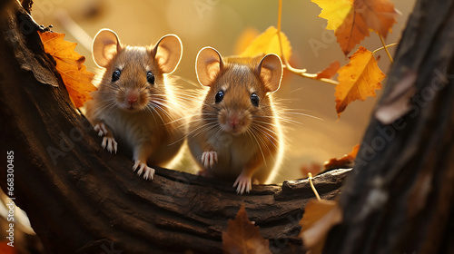 Two little mice in autumn leaves 